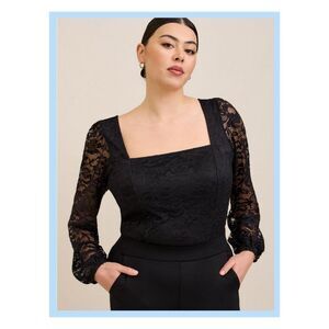 NWT Torrid 5X Deep Black Lace Knit Square Neck Sheer Long Sleeve Top Size 28